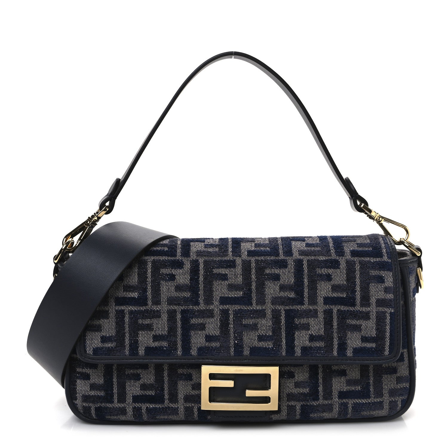 Fendi Chenille FF Embroidered Baguette Dark Blue Grey 1 of 11