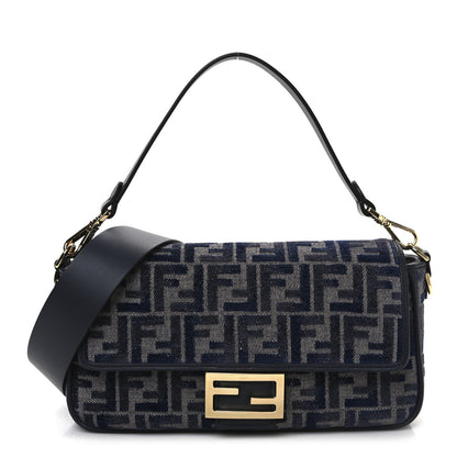 Fendi Chenille FF Embroidered Baguette Dark Blue Grey 1 of 11