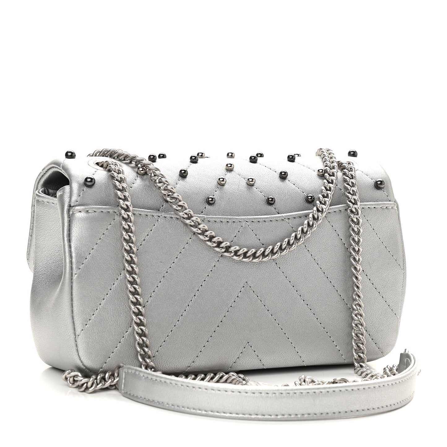 Metallic Lambskin Chevron Quilted Studded Mini Rectangular Flap Silver