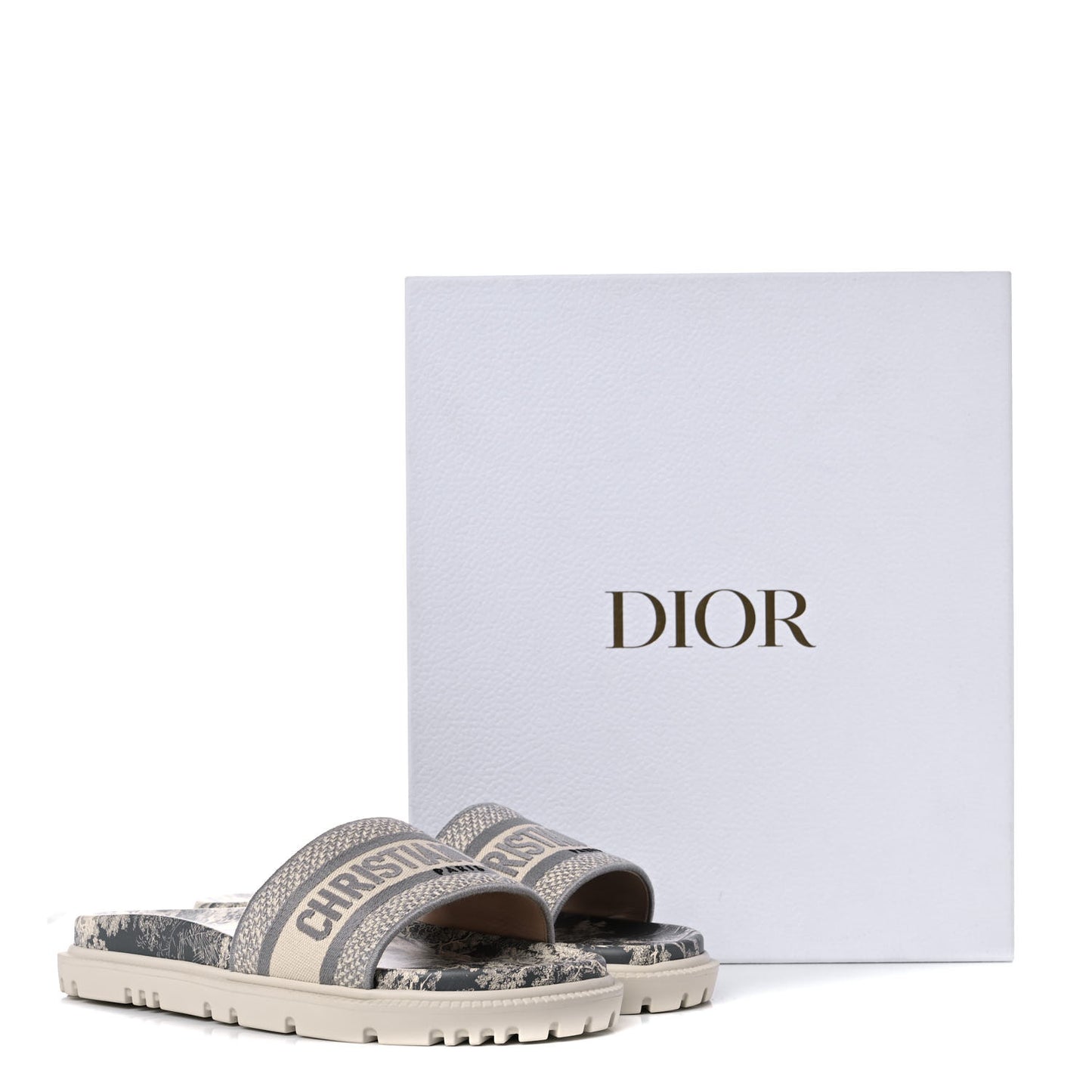 Canvas Toile de Jouy Embroidered Dway 10mm Slide Sandals 39.5 Off White Grey