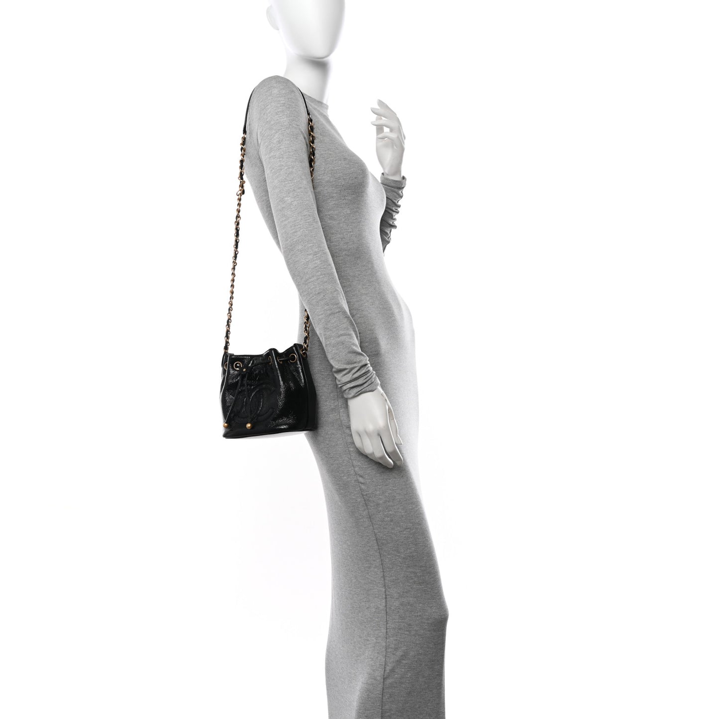 Shiny Aged Calfskin CC Chain Mini Drawstring Bag Black