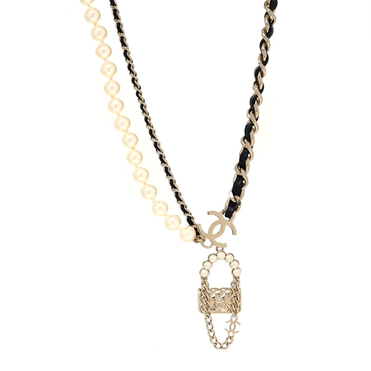 Lambskin Pearl Quilted Flap Necklace Gold Black Pearly White