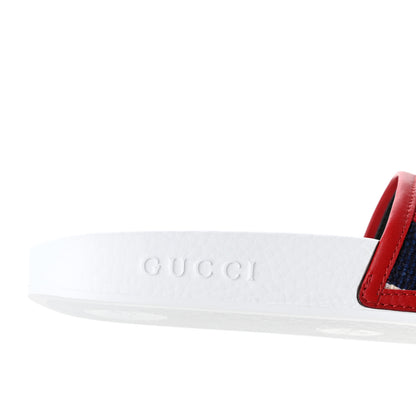 Gucci Canvas Sylvie Stripe Logo Pursuit Slide Sandals 39 Mystic White Hibiscus Red Maritime 8 of 10