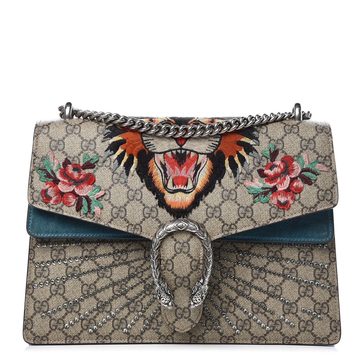 GG Supreme Monogram Angry Cat Embroidered Medium Dionysus Shoulder Bag Beige Ultramarine
