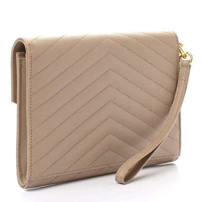 Saint Laurent Grain De Poudre Matelasse Chevron Monogram Envelope Clutch Dark Beige 3 of 10