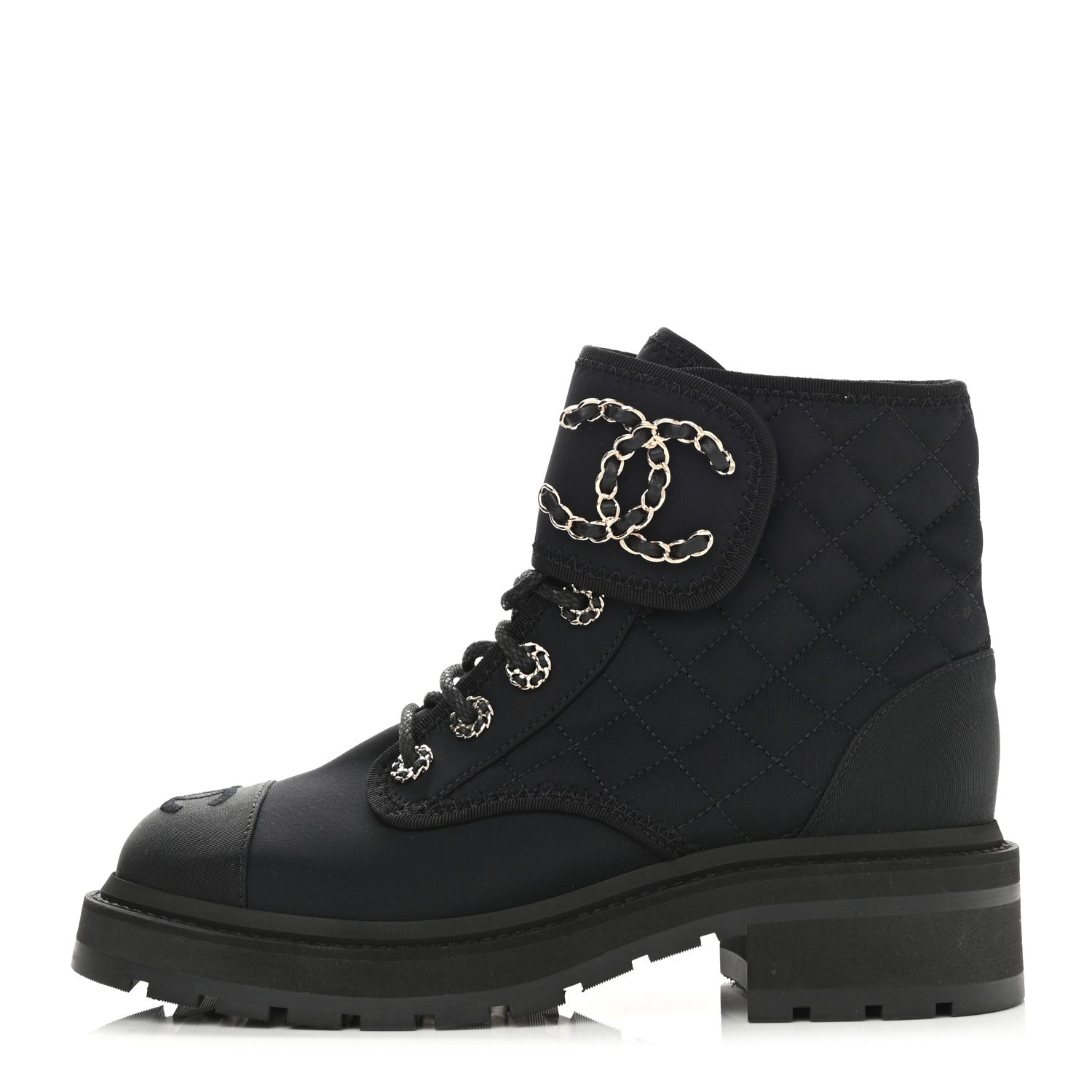 Chanel Fabric Grosgrain Quilted Cap Toe Lace Up Combat Boots 35.5 1 of 8