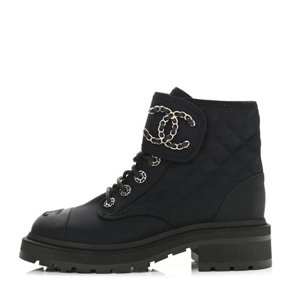 Chanel Fabric Grosgrain Quilted Cap Toe Lace Up Combat Boots 35.5 1 of 8