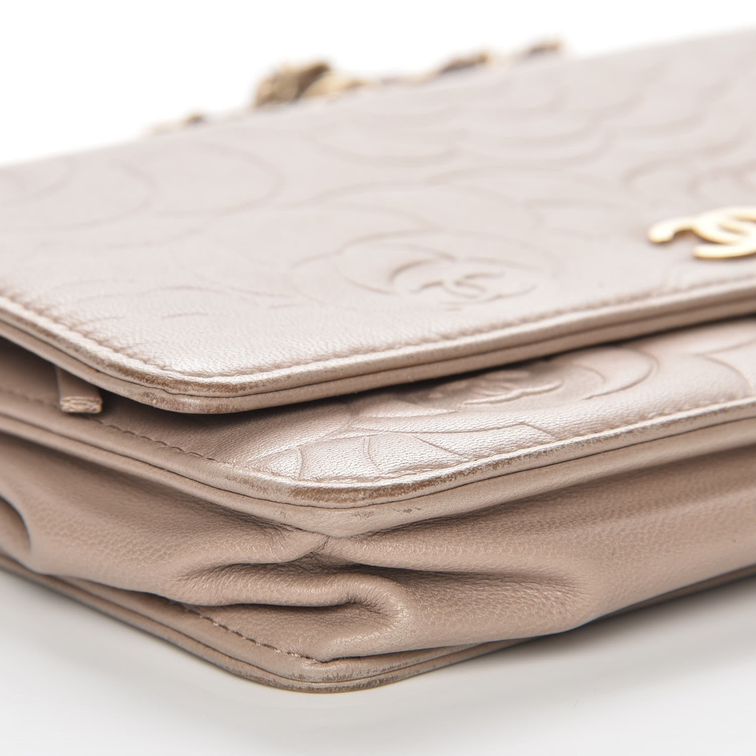 Chanel Lambskin Camellia Embossed Wallet on Chain WOC Beige 9 of 10