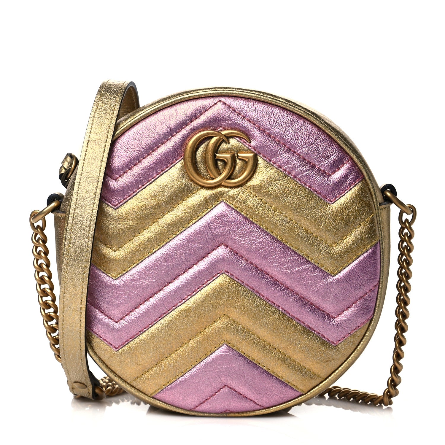 Gucci Metallic Nappa Matelasse Heart Mini GG Marmont Round Shoulder Bag Oro Vecchio Rosa 1 of 11