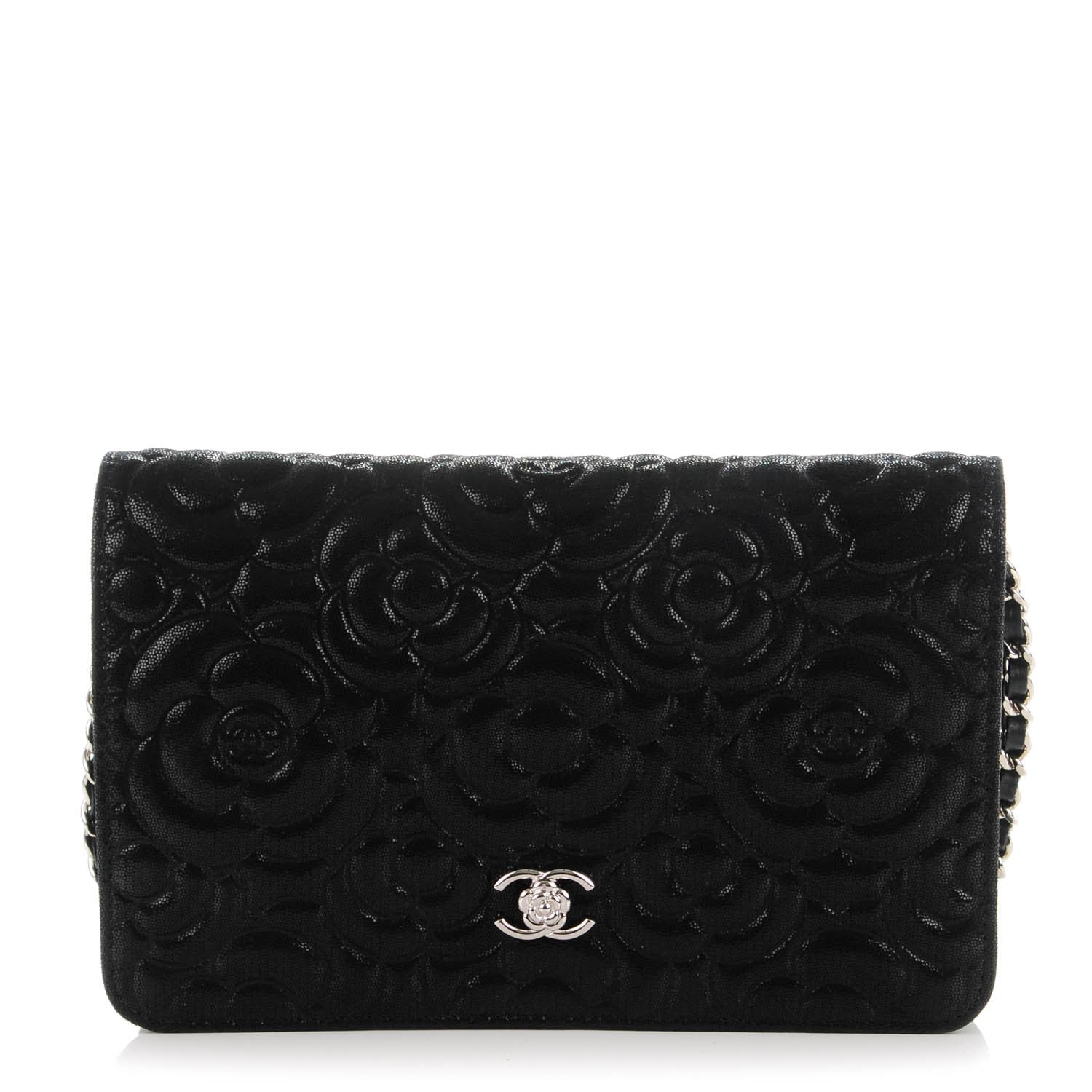Chanel Iridescent Calfskin Camellia Embossed Wallet on Chain WOC Black 1 of 8