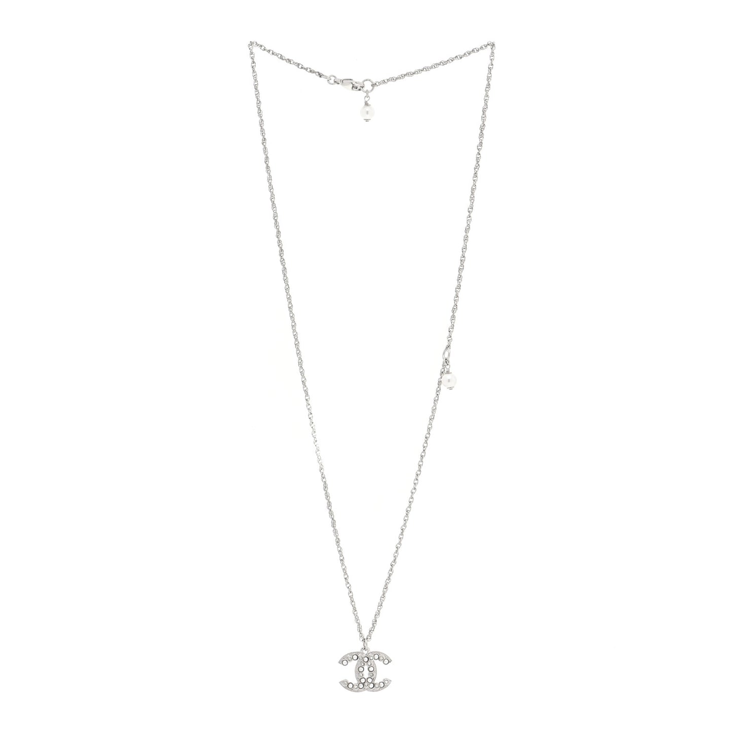 Pearl Crystal CC Pendant Necklace Silver