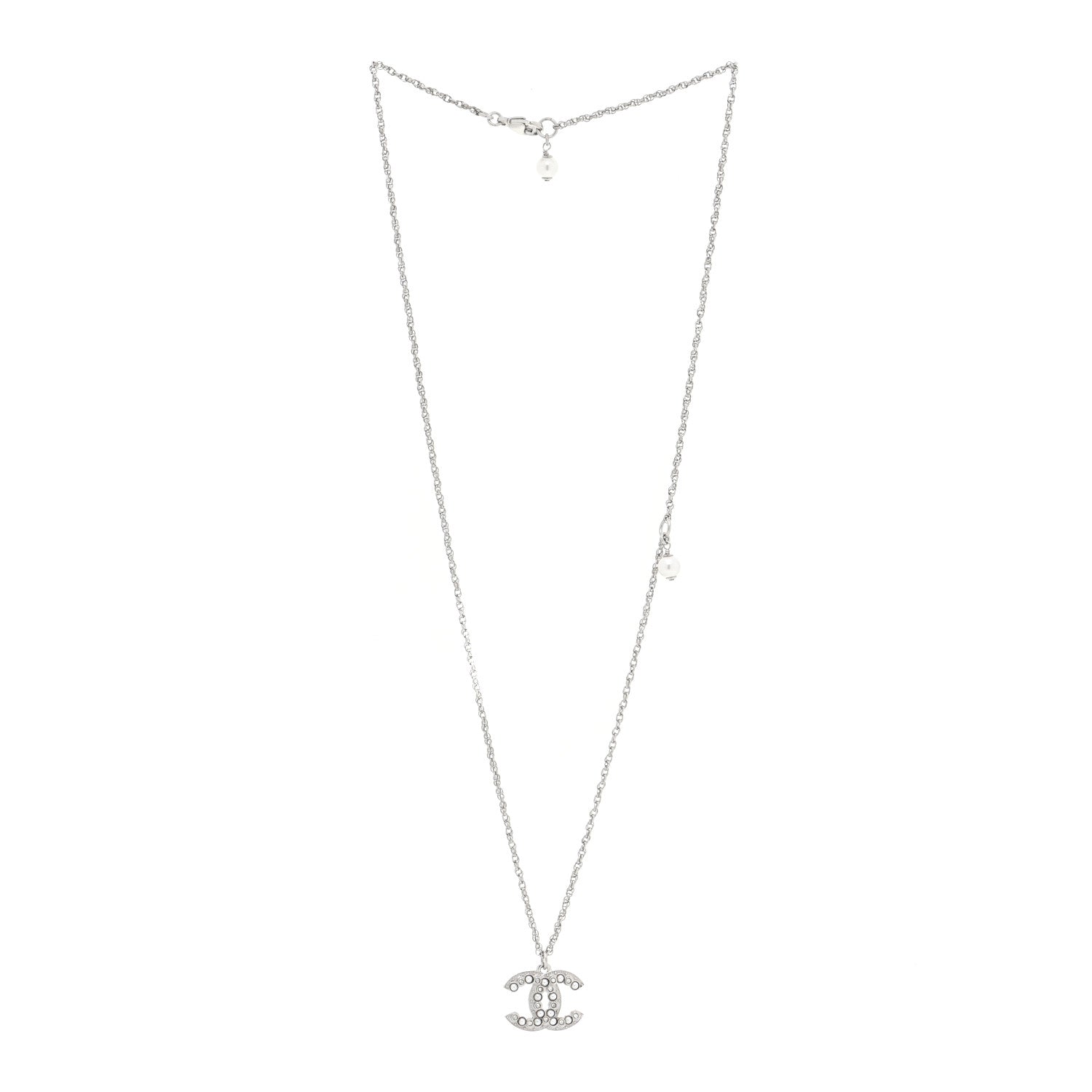 Chanel Pearl Crystal CC Pendant Necklace Silver 3 of 5