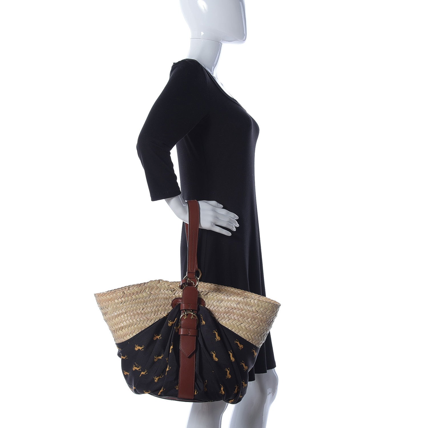 Chloe Smooth Calfskin Raffia Little Horses Medium Panier Basket Black Yellow 2 of 20