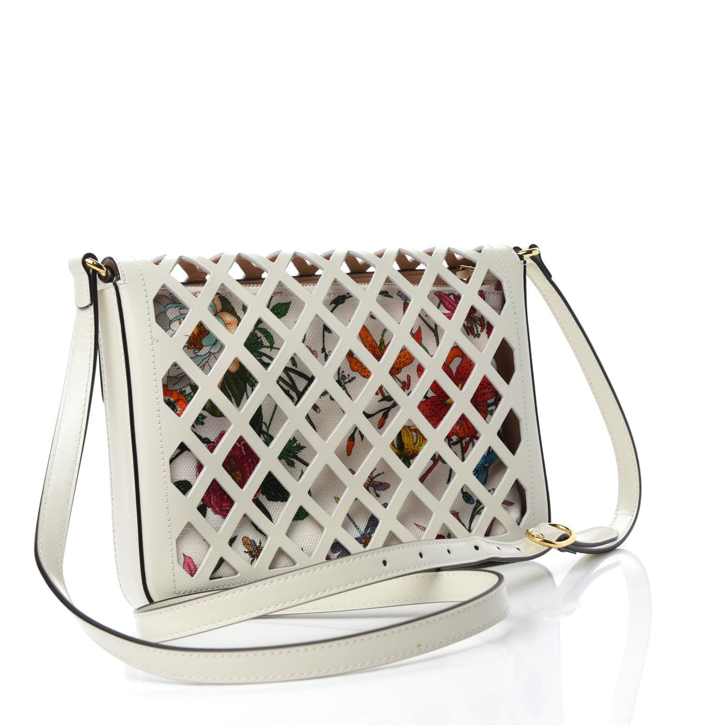 Canvas Flora Floral Calfskin Medium Cutout Shoulder Bag White Multicolor