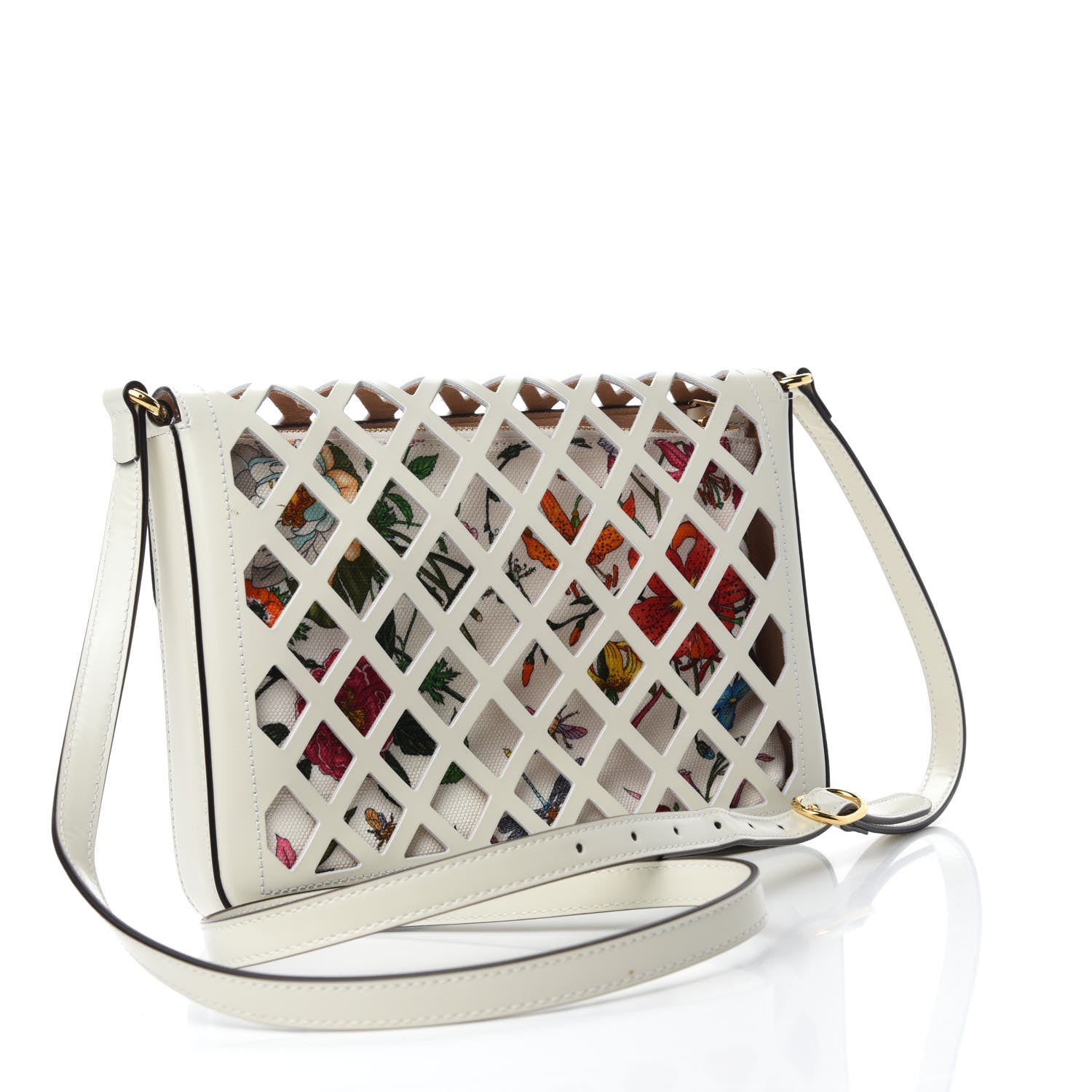 Gucci Canvas Flora Floral Calfskin Medium Cutout Shoulder Bag White Multicolor 4 of 19