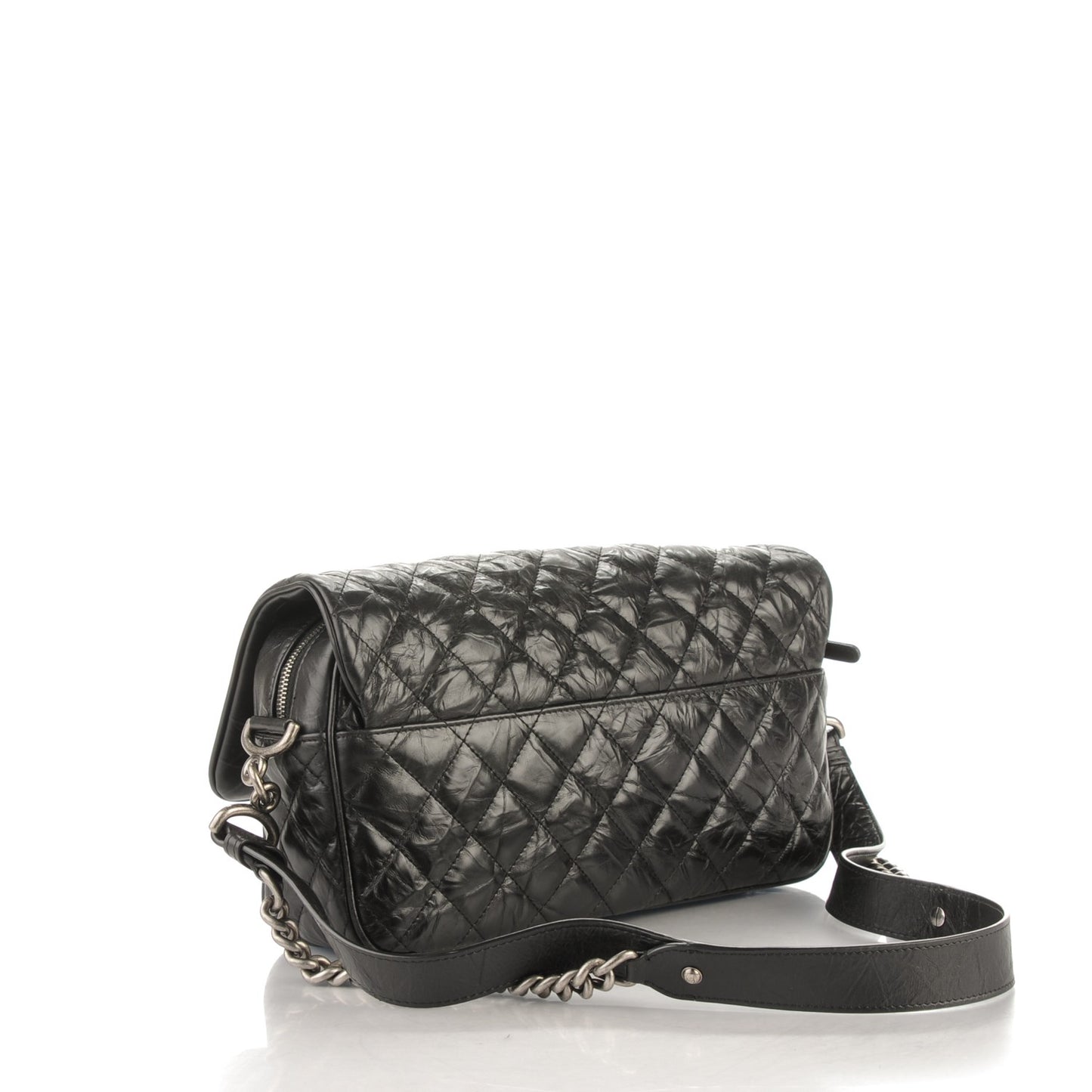 Crumpled Calfskin Quilted Medium Casual Rock Flap Black