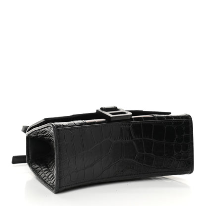 Balenciaga Shiny Calfskin Monochrome Crocodile Embossed Hourglass Top Handle Bag XS Black 4 of 9