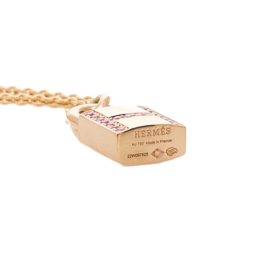 Hermes 18K Rose Gold Pink Sapphire Amulettes Cadenas Pendant Necklace 5 of 6
