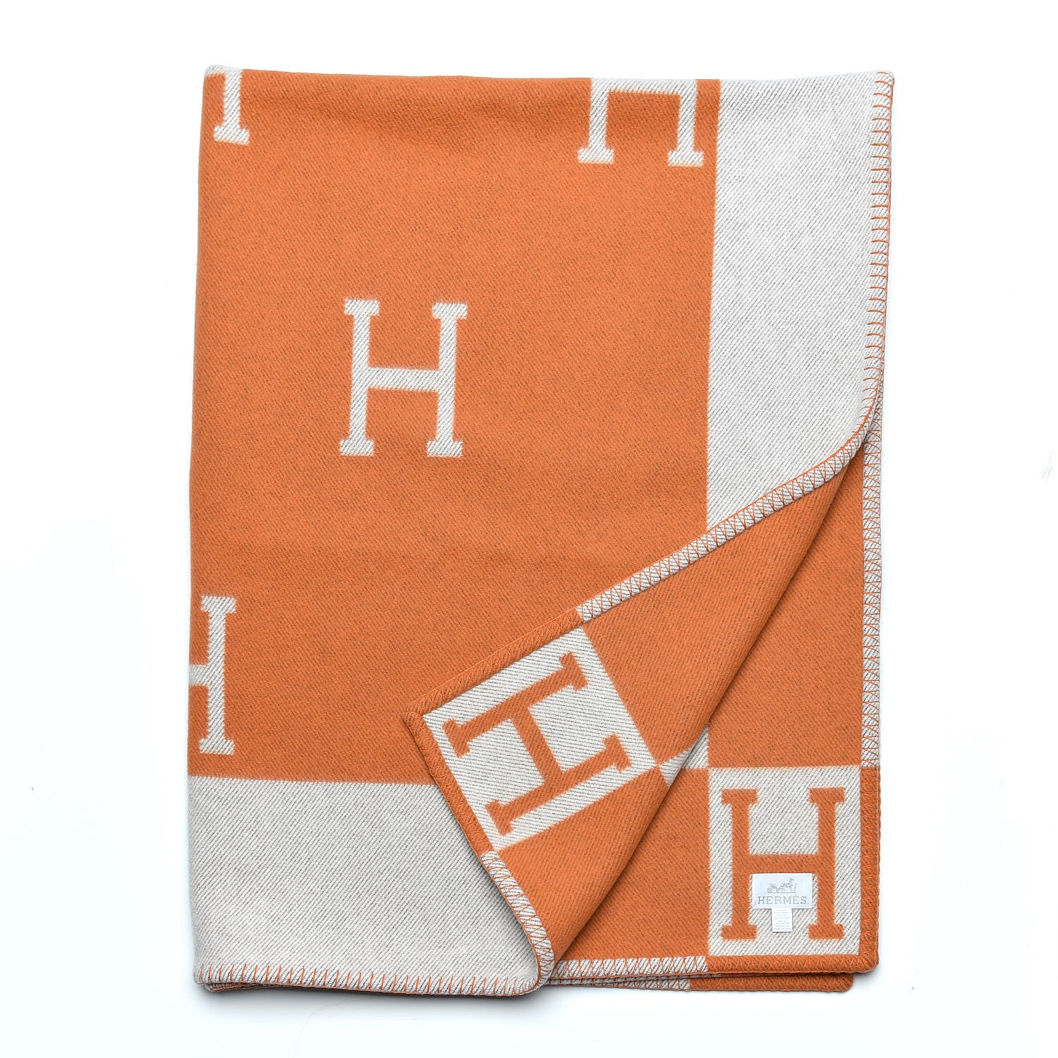 Hermes Wool Cashmere Signature Classic Avalon Blanket Ecru Potiron 3 of 5
