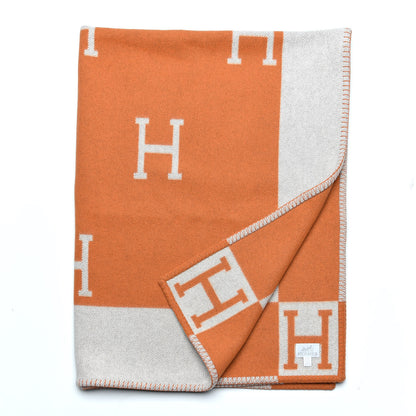 Hermes Wool Cashmere Signature Classic Avalon Blanket Ecru Potiron 3 of 5