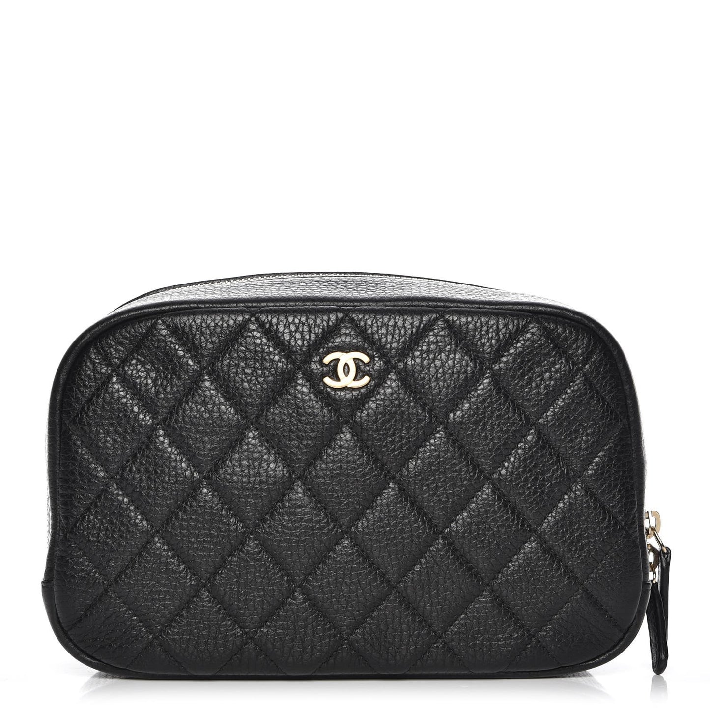 Grained Calfskin Quilted Curvy Pouch Cosmetic Case Black