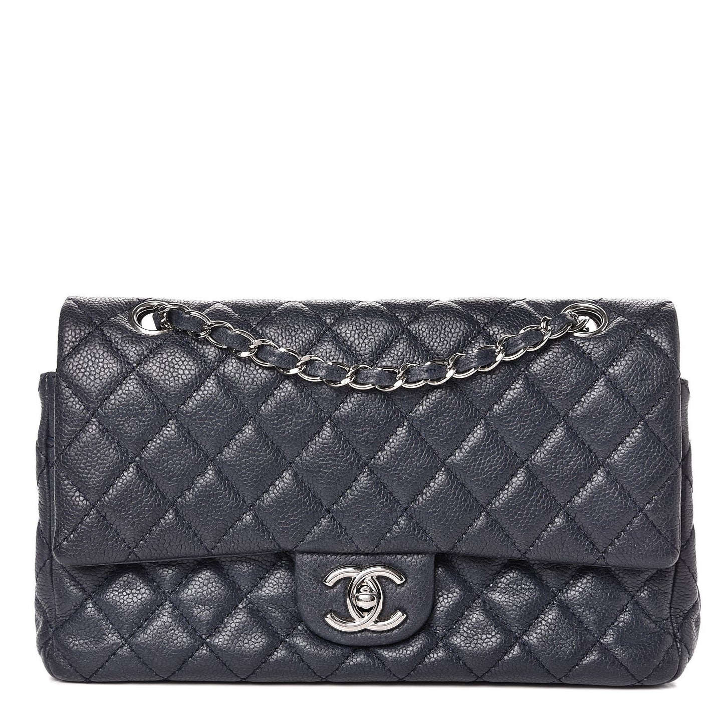 Washed Caviar Quilted Medium Double Flap Dark Blue
