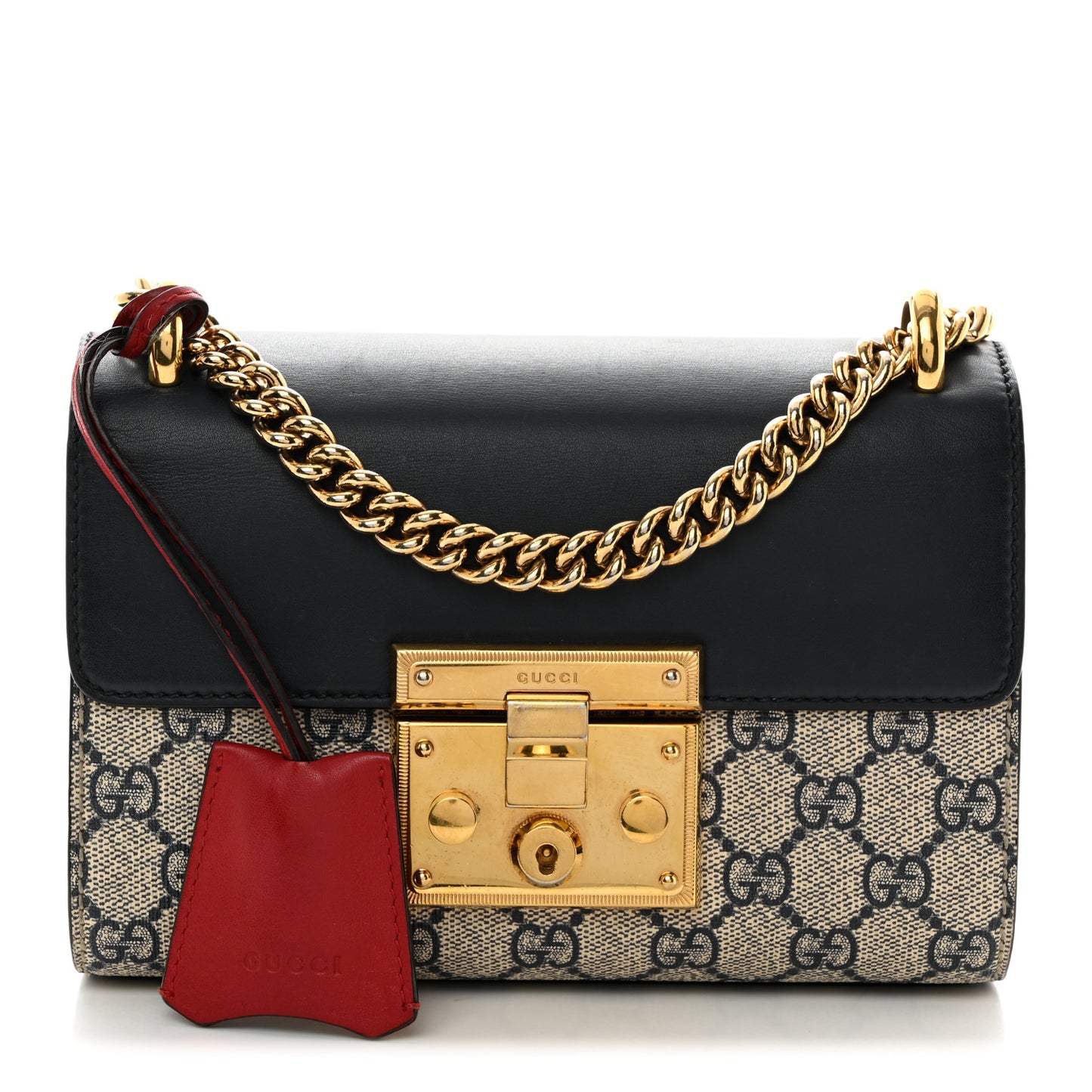 GG Supreme Monogram Moon Calfskin Small Padlock Shoulder Bag Beige Blue Mystic White Hibiscus Red