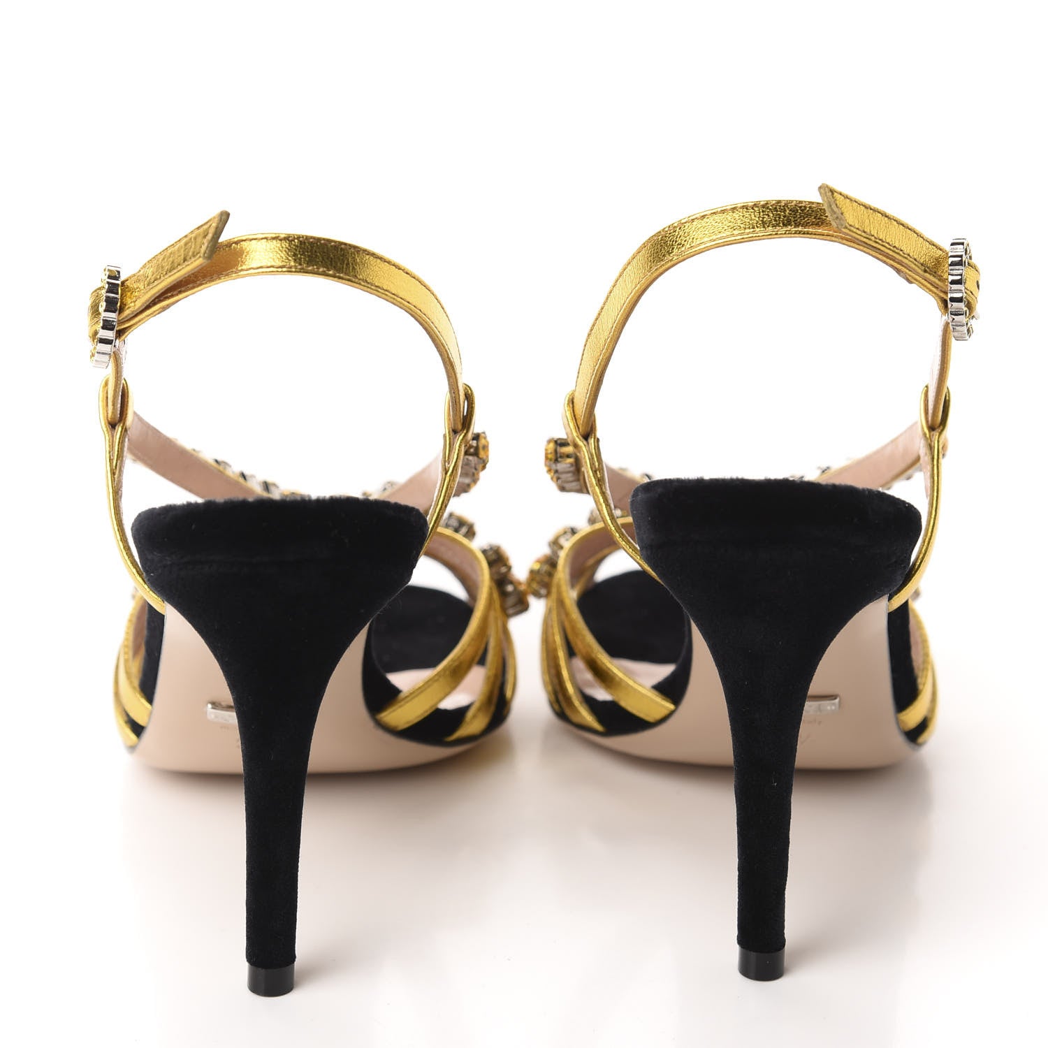 Gucci Velvet Nappa Crystal Zephyra Slingback High Heel Sandals 36.5 Black Gold 5 of 8