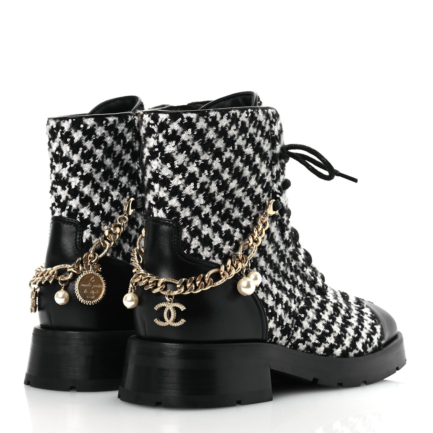Chanel Wool Tweed Calfskin Chain Lace Up Combat Boots 38 Black White 5 of 11