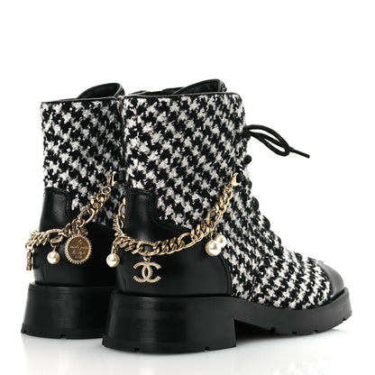Chanel Wool Tweed Calfskin Chain Lace Up Combat Boots 38 Black White 5 of 11