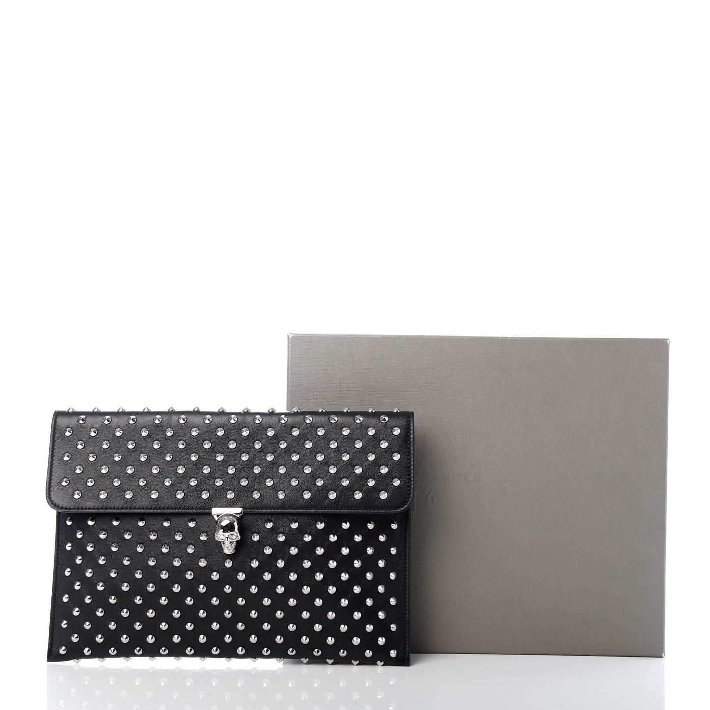 Grained Calfskin Studded Skull Envelope Clutch Black
