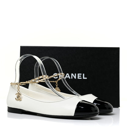 Chanel Lambskin Patent Calfskin Cap Toe Ankle Chain Ballerina Flats 37.5 White Black 8 of 8
