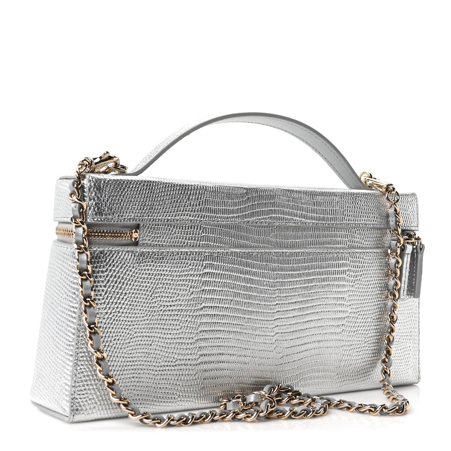Lizard Embossed Top Handle Slim Vanity With Chain Silver