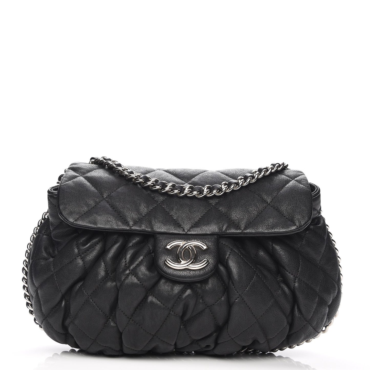 Washed Lambskin Quilted Medium Chain Around Messenger Black