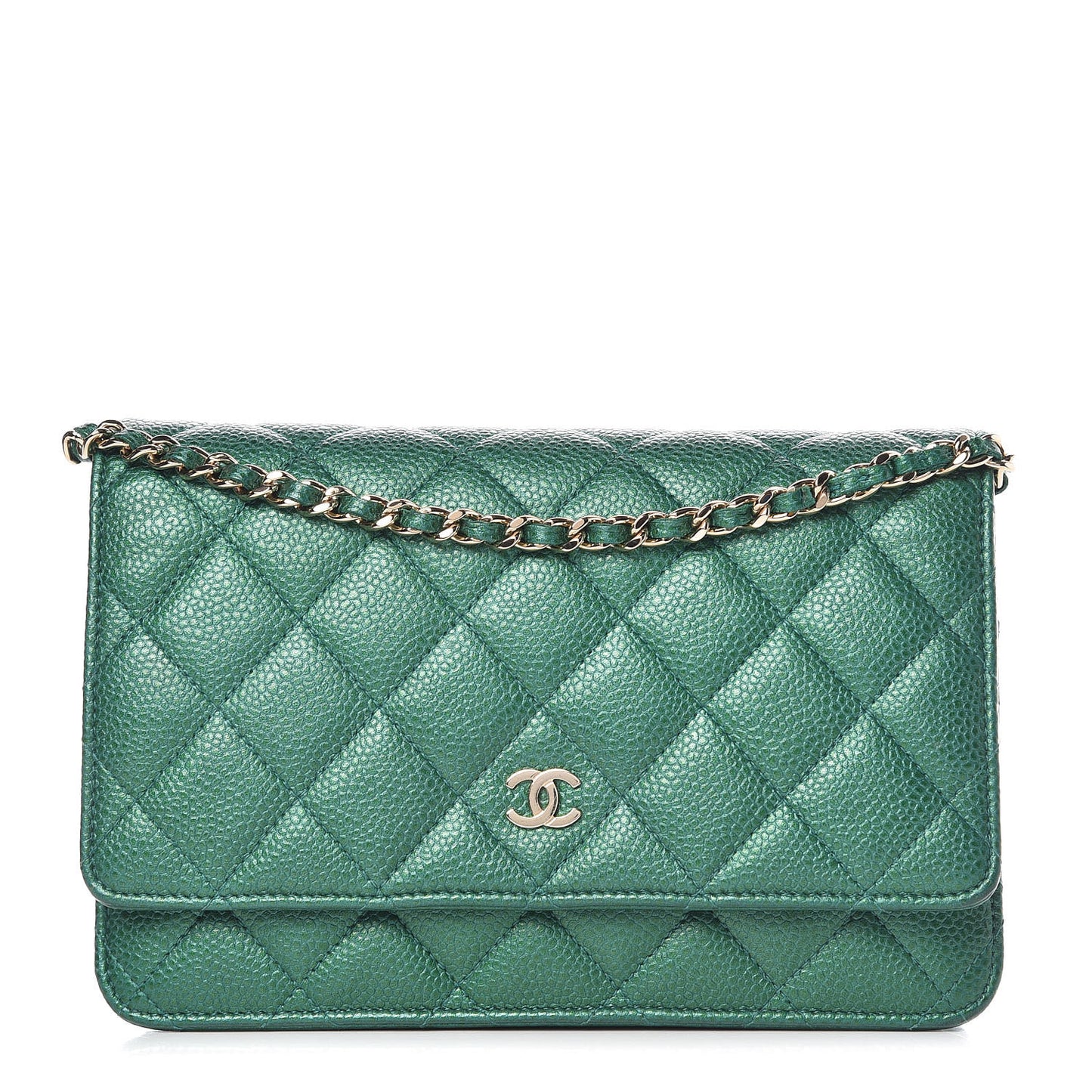 Metallic Caviar Quilted Wallet On Chain WOC Green