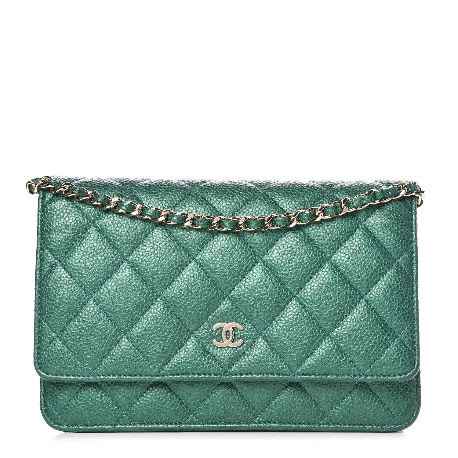 Chanel Metallic Caviar Quilted Wallet On Chain WOC Green 1 of 11