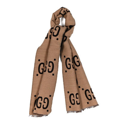 Gucci Wool Silk Monogram Jumbo GG Freedom Scarf Dark Brown Beige 1 of 4