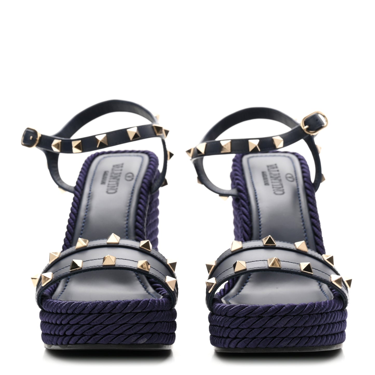 Calfskin Rockstud Ankle Strap Torchon Espadrille Caged 25/95mm Wedge Sandals 38 Blue