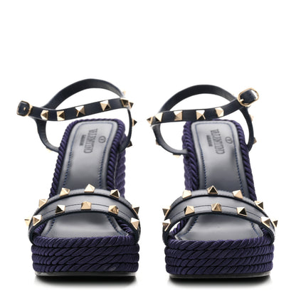 Valentino Garavani Calfskin Rockstud Ankle Strap Torchon Espadrille Caged 25/95mm Wedge Sandals 38 Blue 3 of 9