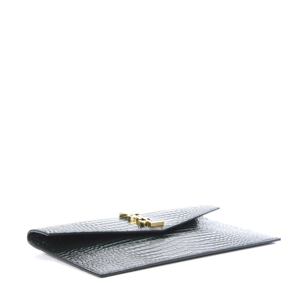 Saint Laurent Calfskin Crocodile Embossed Uptown Monogram Clutch Dark Green 3 of 9
