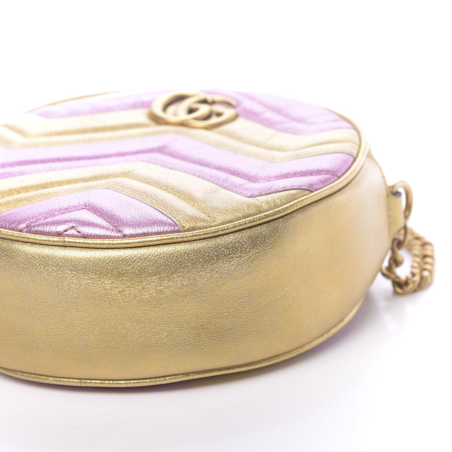 Metallic Calfskin Matelasse Mini GG Marmont Round Shoulder Bag Gold Pink