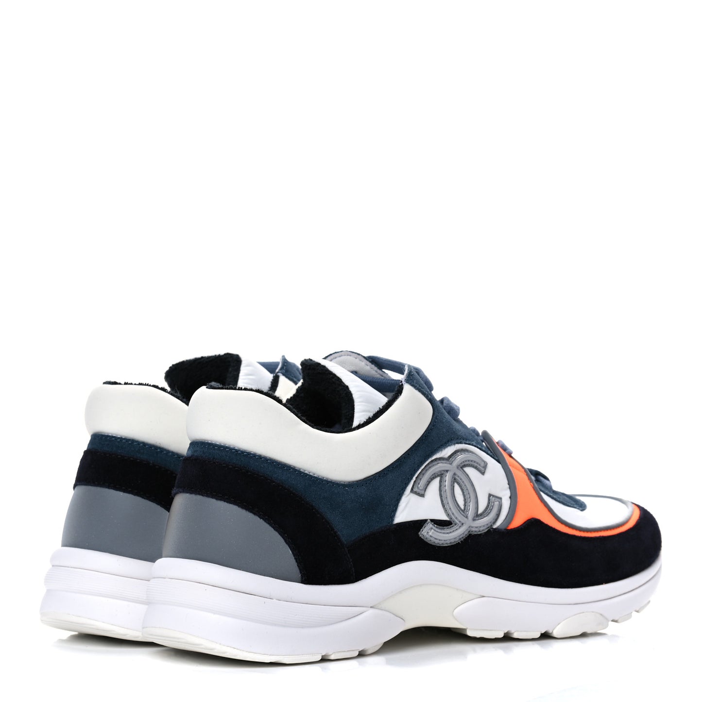 Nylon Calfskin Suede CC Womens Sneakers 39 Navy White Orange