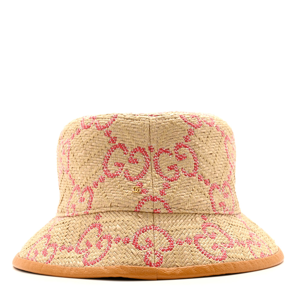 Gucci Raffia GG Monogram Embroidered Fedora Hat S Beige Pink 1802442 ...