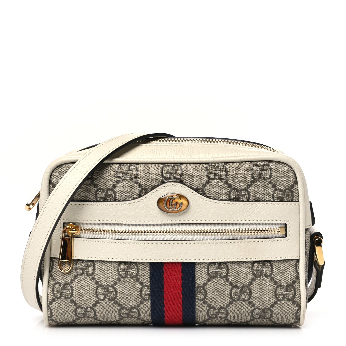GG Supreme Monogram Textured Calfskin Web Mini Ophidia Shoulder Bag Beige Ebony Mystic White