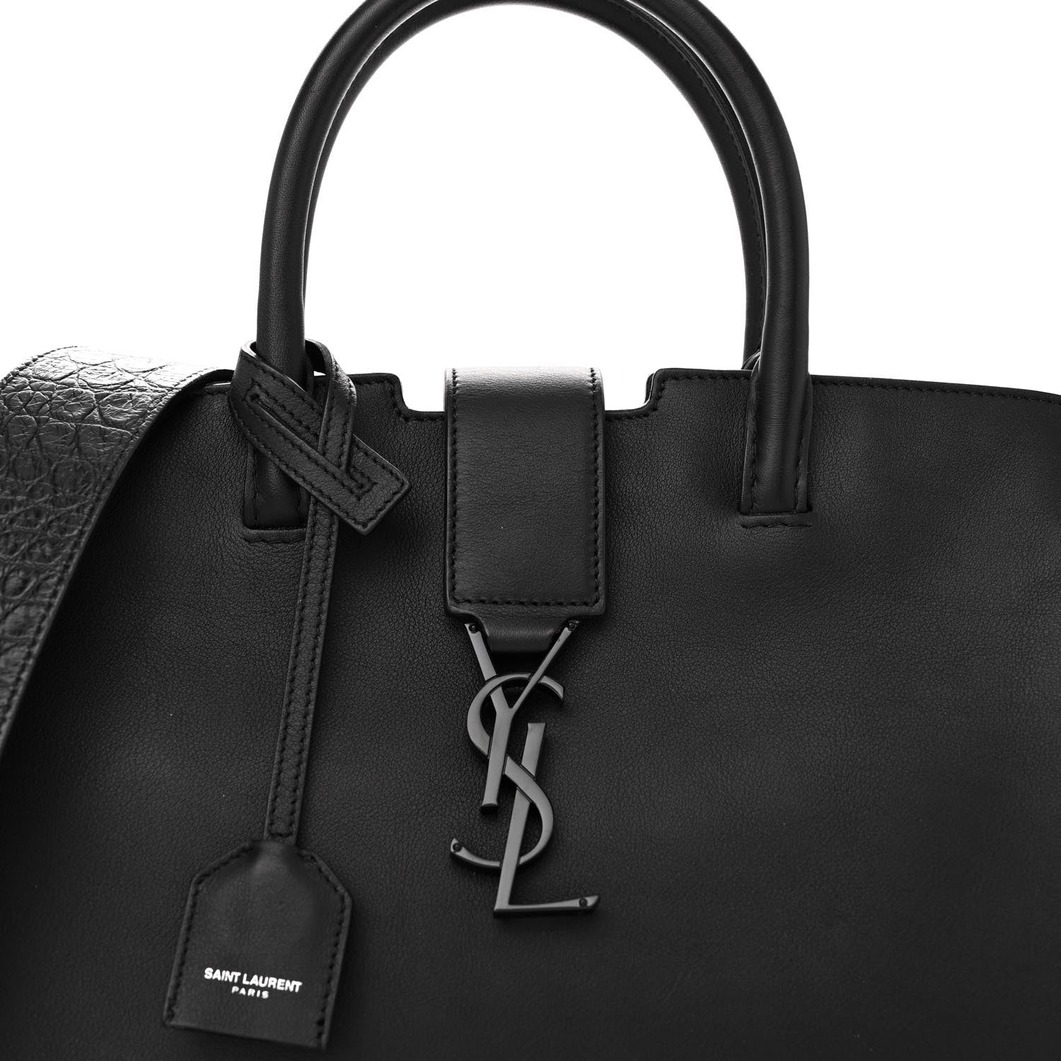Saint Laurent Smooth Calfskin Crocodile Embossed Baby Monogram Downtown Cabas Black 8 of 12