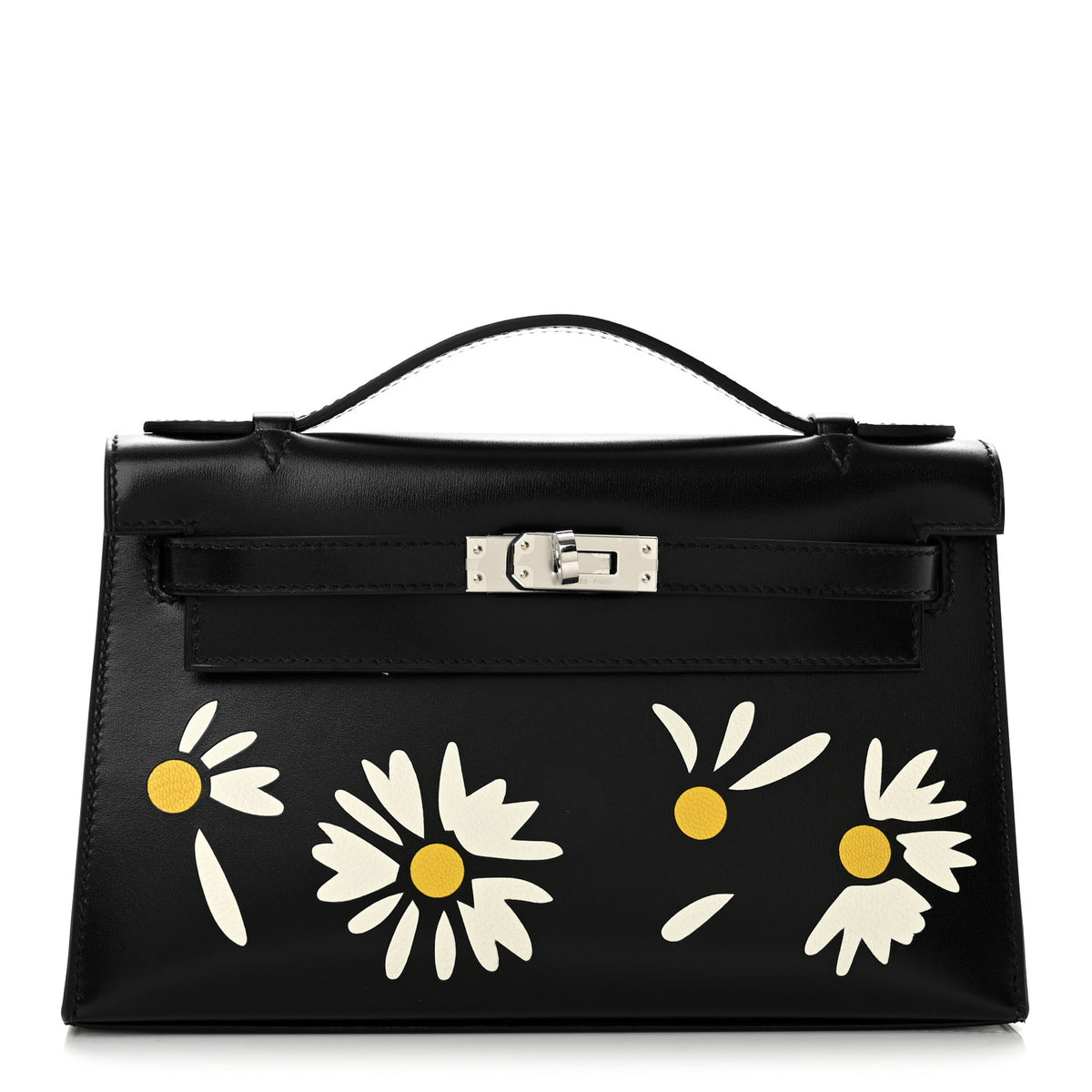 Hermes Box Marquetry Daisies Kelly Pochette Clutch Black White Jaune De Naples 1 of 10