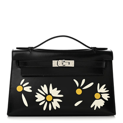 Hermes Box Marquetry Daisies Kelly Pochette Clutch Black White Jaune De Naples 1 of 10