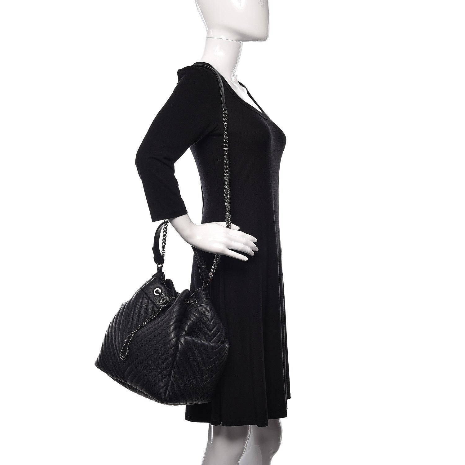 Chanel Deerskin Chevron Large CC Chain Bucket Drawstring Bag Black 2 of 9