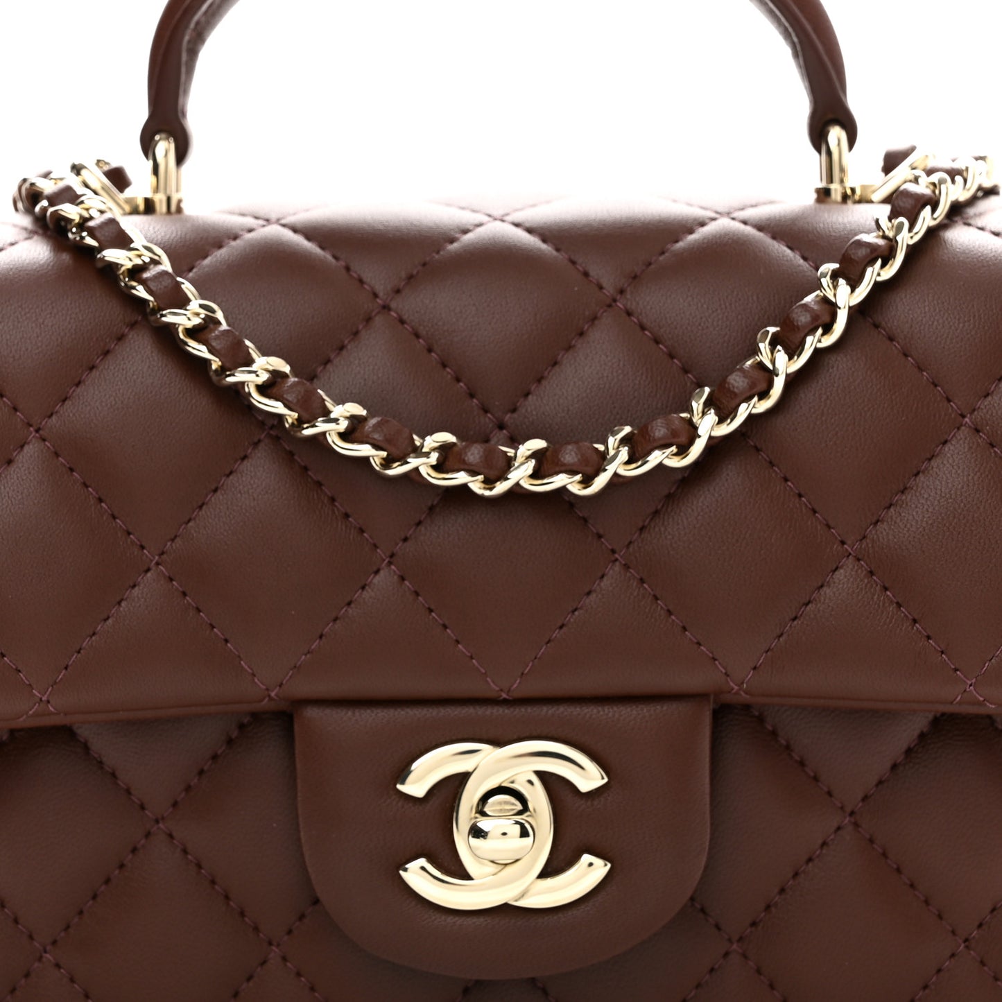 Lambskin Quilted Mini Top Handle Rectangular Flap Dark Brown