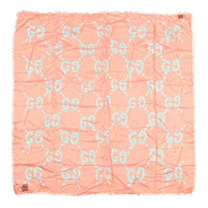 Gucci Modal Silk GG Writers Fringe Shawl Old Rose Sky Blue 1 of 6